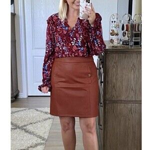 Loft Skirt Soft Vegan Faux Leather Lined A-Line Size 10 Cognac Office Career